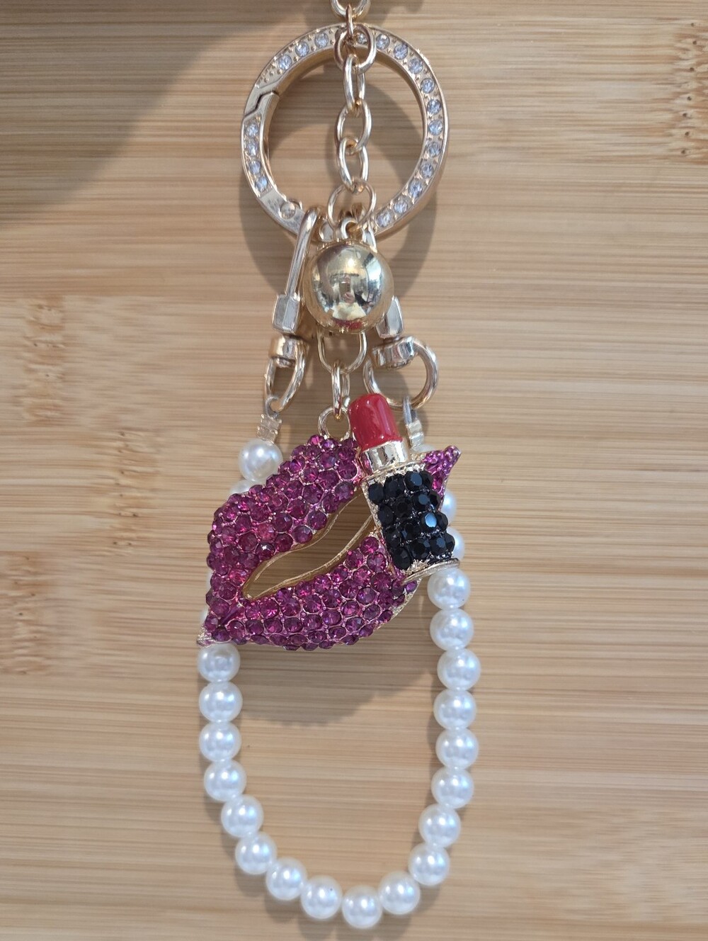 NWT Glam Rhinestone Makeup Purse Charm 💄 Gold Pearl Dangle Keyring